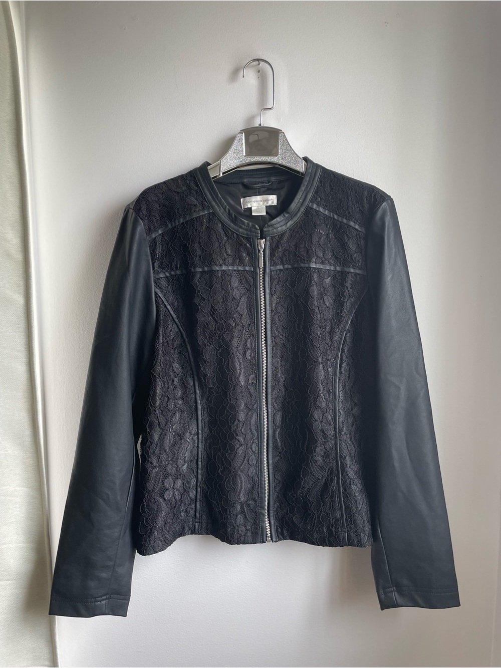 Black Lace-Front Faux Leather Jacket-Whimsigoth-Steampunk-L